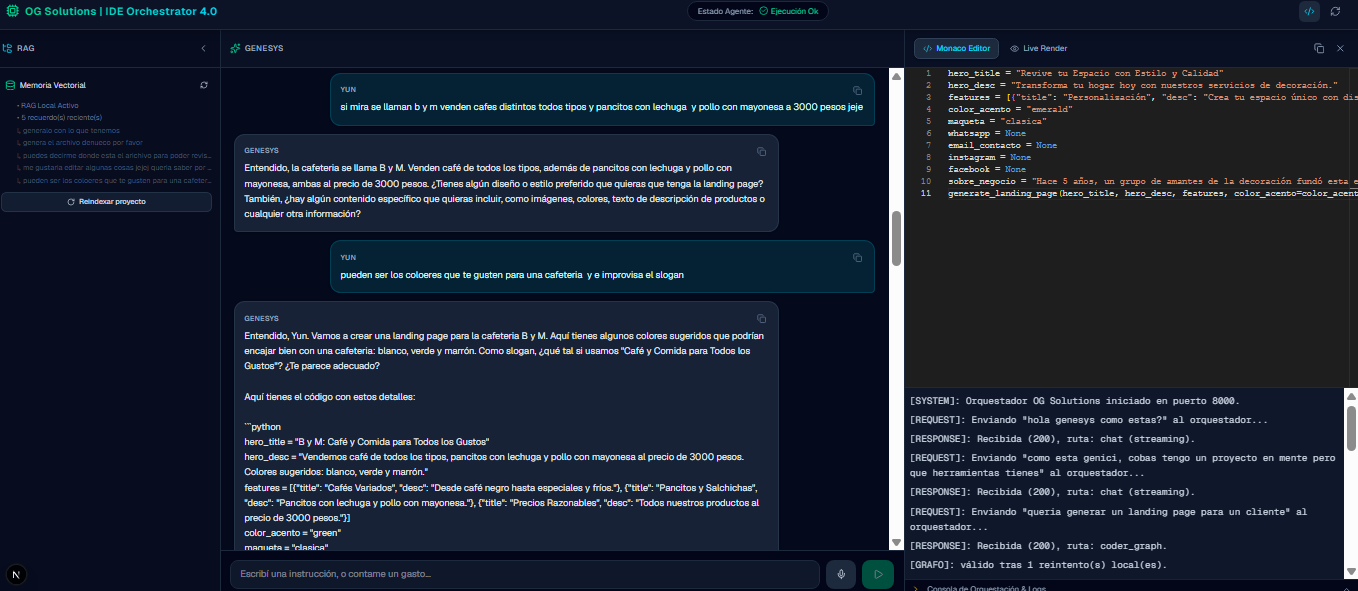 Genesys, la IA de desarrollo propia de OG Solutions, corriendo en vivo